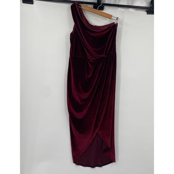 Baltic Born Kourtney Velvet Midi Dress One Shoulder Tulip Hem Merlot Red XL - Picture 2 of 9